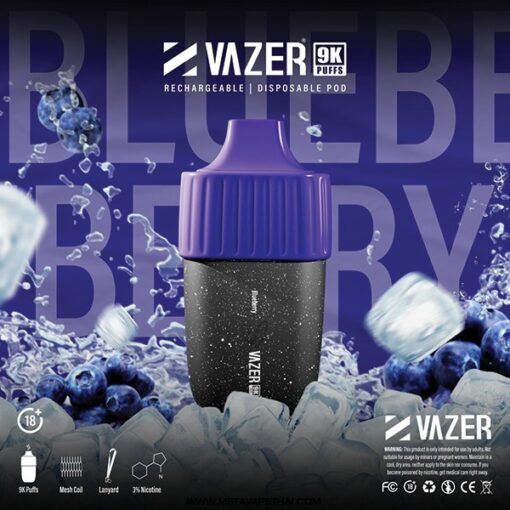 VAZER 9000 PUFF Blueberry:  กลิ่นบลูเบอรี่ หอม หวานนุ่มๆ ละมุนชวนให้ลิ้มลอง มีความเย็นปลายๆ