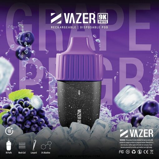 VAZER 9000 PUFF Grape: กลิ่นองุ่นเบสิค ที่คุ้นเคย แต่แฝงด้วยความแปลกใหม่ชวนลิ้มลอง หวานหอมลงตัว เย็นกำลังดี