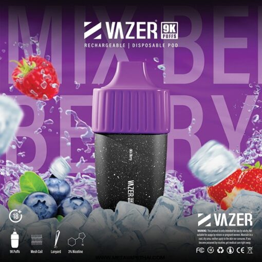 VAZER 9000 PUFF Mix Berry กลิ่นมิ๊กเบอรี่ รวมเหล่าเบอรี่ หลากหลายรสชาติ เปรี้ยวหวาน เข้ากันอย่างลงตัว เย็นกลางๆ