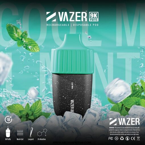 VAZER 9000 PUFF Cool Mint:  กลิ่นมิ้นท์เย็น หวานน้อย หอมมิ้นท์ชัดมาก เย็นสดชื่นสุดขั้ว
