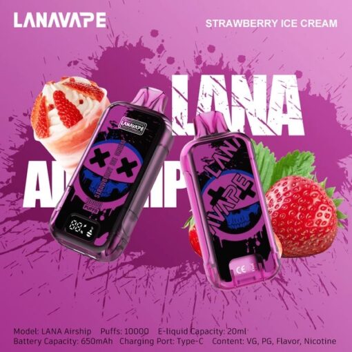 LANA Airship 10000 Puffs กลิ่น Strawberry Ice Cream (ไอติมสตรอว์เบอร์รี่): กลิ่นสตรอว์เบอร์รี่หวาน พร้อมความเย็นปลายๆ