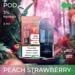 Moood Pod Peach Strawberry : กลิ่นพีชสตอเบอร์รี่ รสหวานอ่อนๆ ของพีชผสานความเปรี้ยวจากสตรอเบอร์รี่สดใส, โอบล้อมด้วยความหอมละมุนน่าลิ้มลอง.