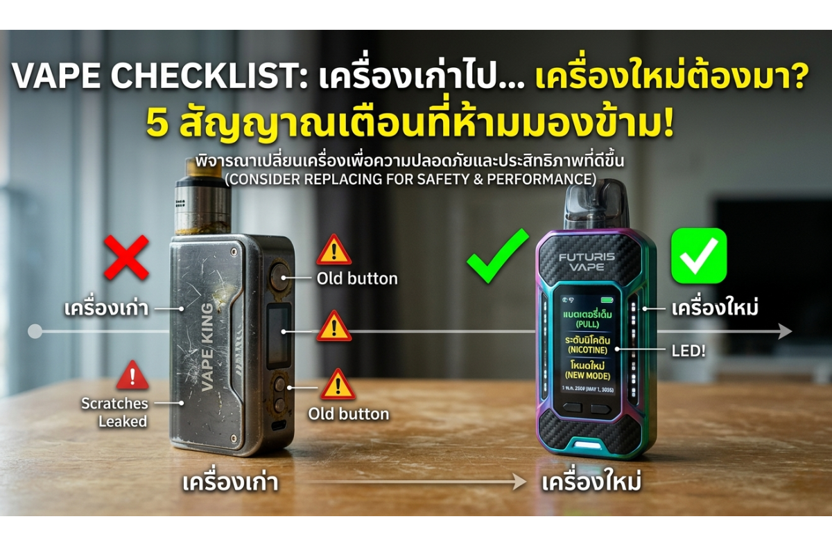 อย่ารอให้เครื่องระเบิดหรือพังคามือ! ตรวจสอบ 5 สัญญาณเตือนเครื่องบุหรี่ไฟฟ้าเสื่อมสภาพ แบตเสื่อม กลิ่นเพี้ยน ระบบรวน เพื่อความปลอดภัยและรสชาติที่ดีที่สุด